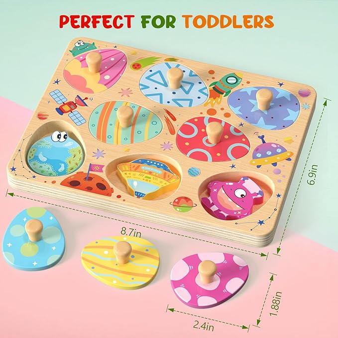 Wooden Puzzles for Toddlers, 8 Pcs Space Matching Egg Puzzle, Solar System for Kids, Montessori Toys for Boy Girl Easter Birthday Gifts, Educational Toys for Boys, Girls
