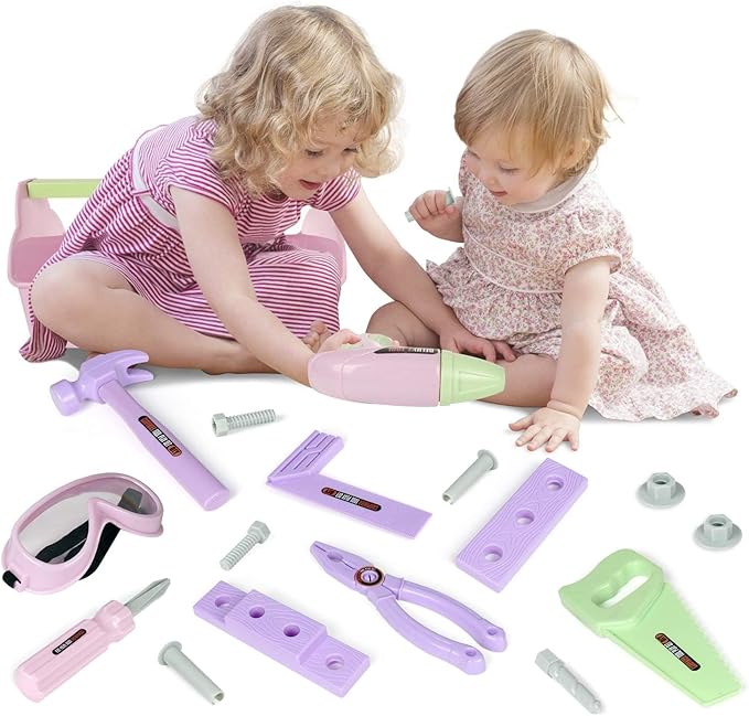 Pink Kids Tool Set (18 PCS) Pretend Play Construction Kit with Tool Box & Manual Drill