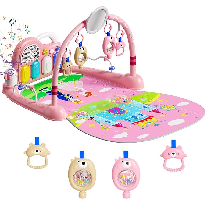 Baby Play Mat Kick and Play Piano Gym，Baby Floor Play Gym Tummy Time Mat，Baby Activity Mat with Music Lightsat and Sensory Toys Boy & Girl Gifts for Infant Newborn 0 to 3 6 9 12 Months (Pink)