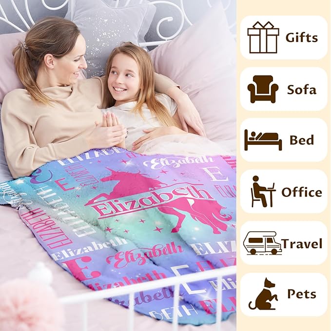 Unicorn Gifts, Personalized Girls Throw Blanket with Name for Kids 4-6, Custom Monogram Blankets for Daughter Niece Toddler, Unicorn Stuff Themed Throws for Cars Travel Camping Party Decor
