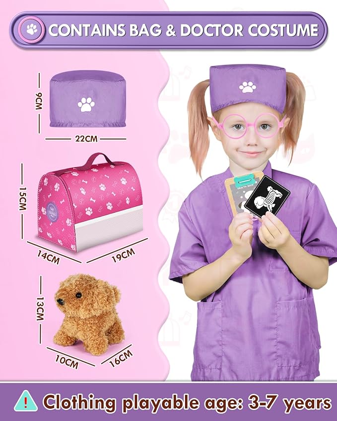 Lehoo Castle Toys for 3 4 Years Old Girls, Vet Play Sets, Wooden Doctor Kit for Toddlers 3-5 Pink, Pretend Play Dr Kits with Puppy, Dog Bag, Medical Accessories