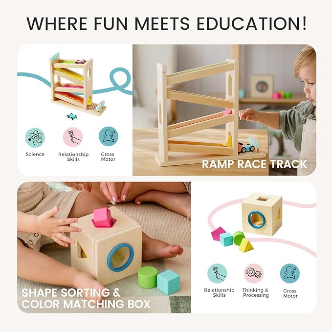 Tiny Land Montessori Toy Set for Baby 16-18 Months Adventure Play Kit - 7-in-1 Ramp Race Track, Shape Sorting and Color Matching Box, Lacing Beads Set, Silicone Nesting Dolls, Animals Board Book