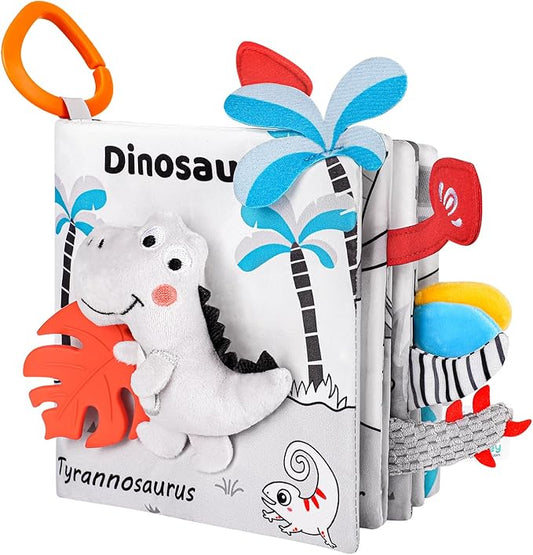 Dinosaur Fabric Book- Crinkle Sound, Touch & Feel, Press Squeaker with Soft Tail Plus Teether Feature - Baby Books Toys for Newborn Infants 0-12 Month