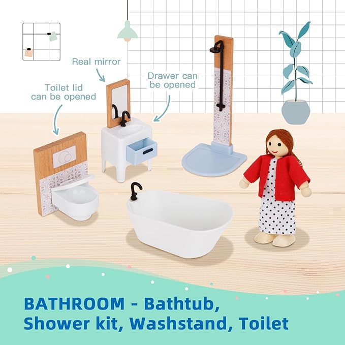 OOOK Wooden Dollhouse Furniture Set for Kids, 26 Pcs Dollhouse Accessories with 4 Family Dolls and Dog, Miniature Doll House Furniture Toys Pretend Play Set for G irls Boys Age 3+