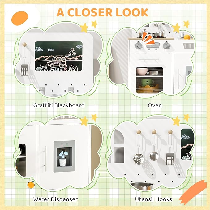 MAMIZO Play Kitchen for Kids, Pretend Playset with Blackboard & Realistic Lights & Sounds, Ultimate Interactive Wooden Kitchen with Knob Sounds, Sink, Water Dispenser, 6 Pcs Cookware for Ages 3+,White