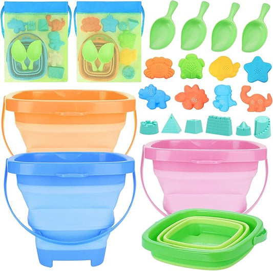 4 Packs Foldable Beach Buckets Set, Collapsible Bucket with Sand Shovels and Mesh Bag for Kids Toddlers Beach Toys, Silicone Sand Pails, Easter Egg Hunt, Camping, Travelling and Fishing Water Pail