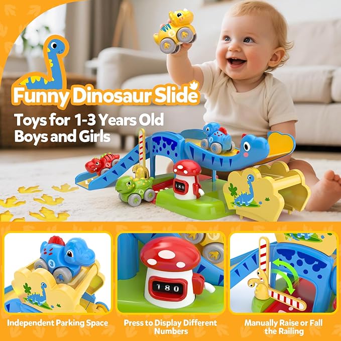 Toddler Toys for 1 2 Year Old Boy Gifts - Educational Dinosaur Slide Set with 4 Color/Number Push Cars and Playmat, Montessori Learning Toy for Baby 12-18 Months,1st Birthday Present Ages 1-2,Primrose