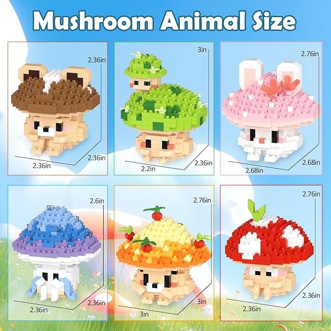 HIGH GODO 6 Set Mushroom Animals Micro Building Block Set, Creative Ideals Mushroom Animal Building Kit for Adults, Party Favors for Kids Boys Girls 12+ (1956PCS)