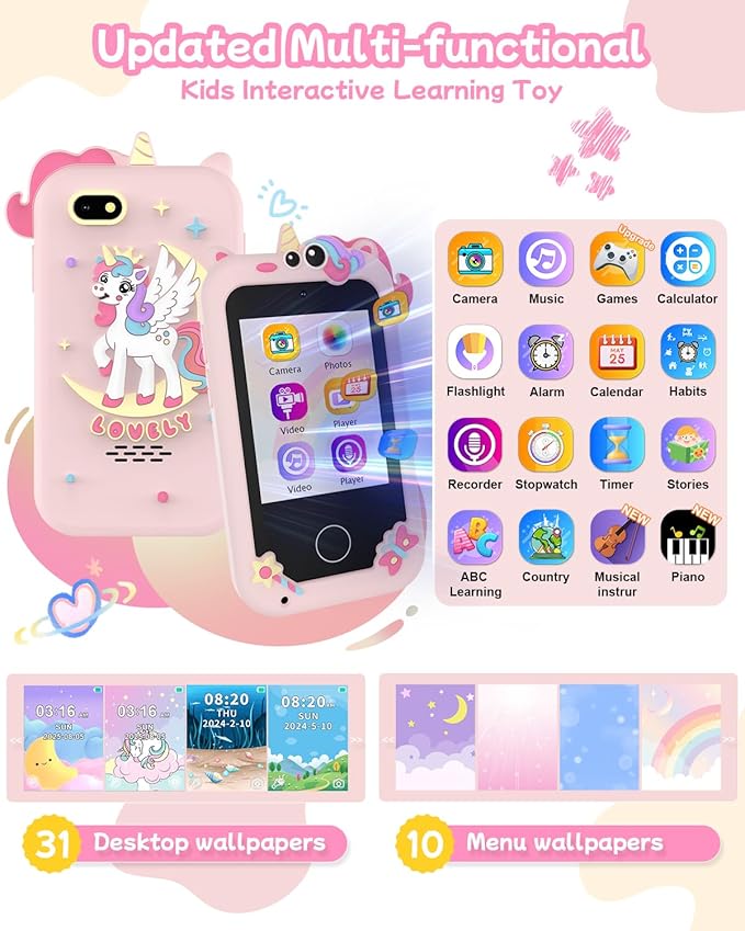 Kids Smart Phone Toy for Girls, Educational Touchscreen Toddler Phone for 3-8 Years Kids, Pretend Play Phone with Dual Camera, Music, 31 Games, ABC Learning & Habit Reminder, Girls Birthday Gift