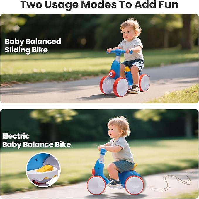 Electric Baby Balance Bike with Bubble Machine for 1 Year Old Boys Girls 4 in 1 Toddler Balance Bike 12-48 Month Kids Bubble Bike Ride Toys First Birthday Gift with Powered Motor,Music,LED Lights