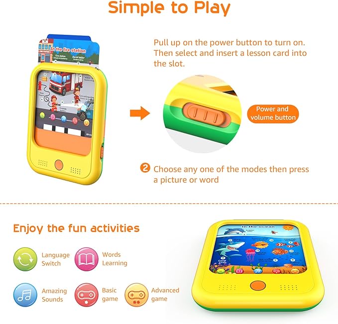 Kids Learning Tablet Educational Learning Pad for Toddlers 2-5 to Learn Alphabets, Numbers, Foods, Time, Music, Vehicles,Tablet Toy for Toddlers Ages 2 3 4 5 6 Years Old Yellow