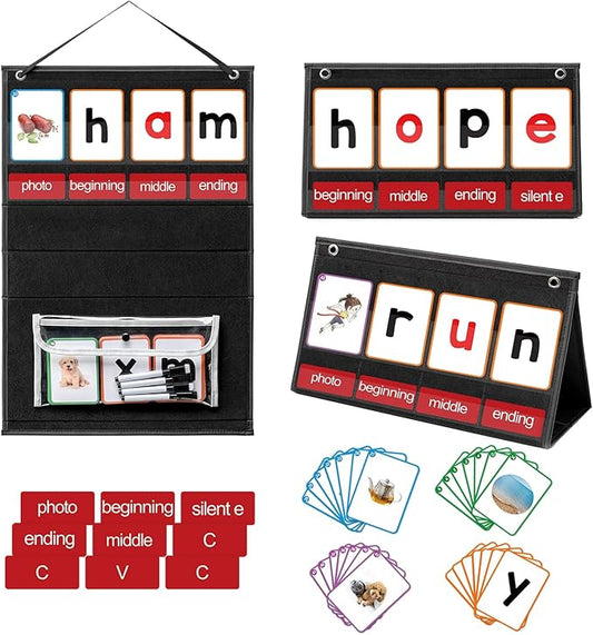 CVC Word Builder Desktop Pocket Chart with 107 Cards, Kids Word Builder Games for CVC CVCC CCVC Learning Reading Spelling Early Education Tool for Preschool Kindergarten Classroom.
