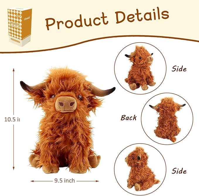 10.5 inches Highland Cows Stuffed Animals, Cute Fluffy Cow Plush Figure Toys Realistic Highland Cattle Plush Decor for Kids Baby Girls Boys