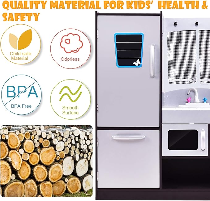 Costzon Kids Play Kitchen, Wooden Kids Kitchen Playset w/Realistic Sound, Microwave, Oven, Refrigerator, Chalkboard & Towel Rack, Toy Kitchen for Kids,Toddler, Baby, Boys & Girls (Coffee)