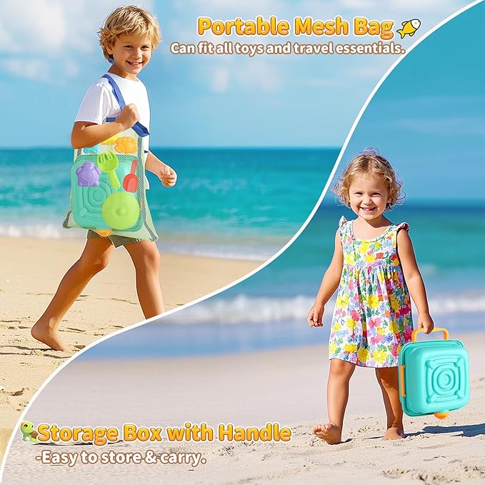 Beach Sand Toys for Toddlers, Seaside Sand Cooking Play Set, Kids Sandbox Toys with Sand Molds and Shovels, Mesh Bag, Baby Boys Girls Outdoor Toys Travel Beach Essentials