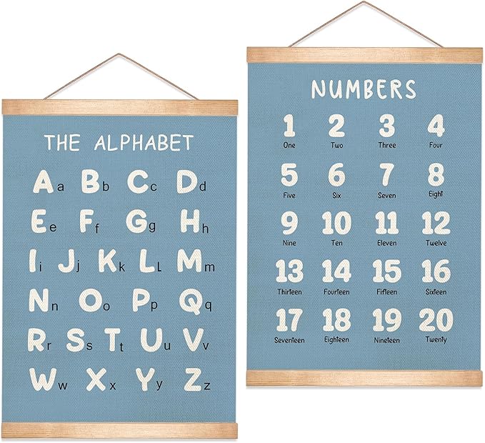 HEYJEEPER Kids Alphabet and Numbers Learning Posters Set of 2,18.5x14 Inch Linen&Canvas Educational Wall Art with Wood Hanger, ABC 123 Chart for Toddlers Classroom Nursery Playroom Decor(Blue)