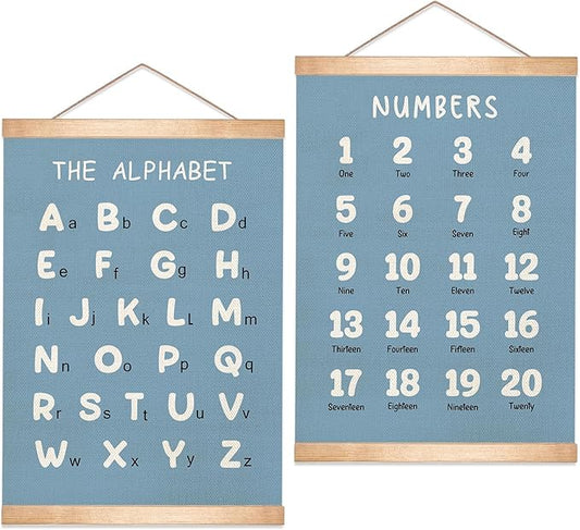HEYJEEPER Kids Alphabet and Numbers Learning Posters Set of 2,18.5x14 Inch Linen&Canvas Educational Wall Art with Wood Hanger, ABC 123 Chart for Toddlers Classroom Nursery Playroom Decor(Blue)