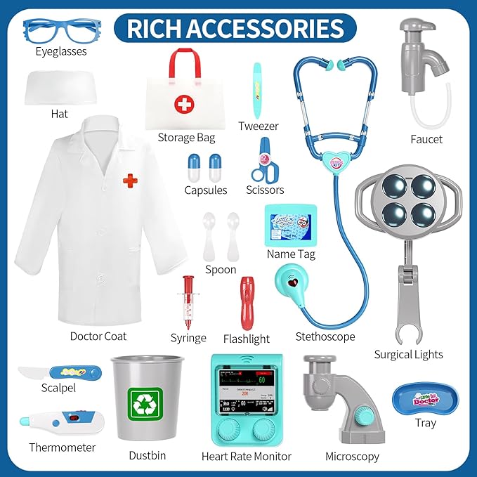 Doctor Kit for Kids Toddlers 3-8, 2 in 1 Kids Doctors Play Set with Costume, Stethoscope and Surgical Light, Pretend Medical Station Set for Boys Girls Birthday