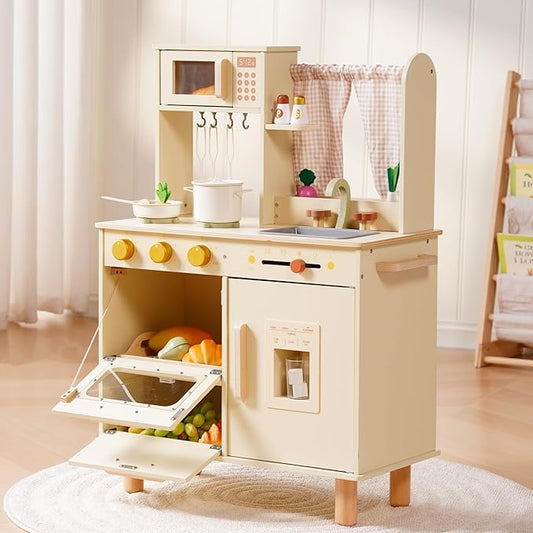 ROBOTIME Wooden Play Kitchen Set for Kids, Pretend Toddler Kitchen with Microwave, Sink, Stove & Ice Maker, Kids Kitchen Playset Gift for Boys and Girls Ages 3+ (Beige)