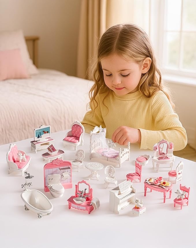 ROBUD Dollhouse Furniture, Pink Doll House Accessories and Furniture for Dining Room, Bathroom, Bedroomn,Living Room, Dollhouse Accessories Pretend Play Furniture Toys for Kids, WDHXX
