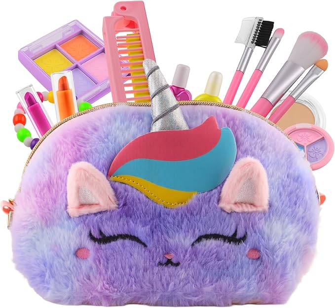 21Pcs Kids Makeup Kit for Girl, Princess Toys Real Washable Cosmetic Set with Oversized Fluffy Purse, Kids Makeup Sets for Girls, Play Make Up Birthday Gifts for 3 4 5 6 7 8 9 10 11 12 Years Old Kid