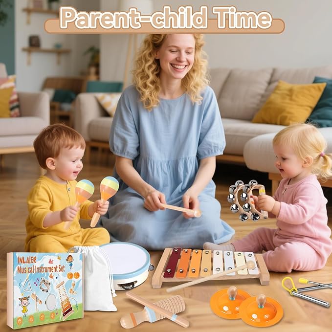 Baby Musical Instruments-Wooden Montessori Musical Toys for Toddlers 1-3, INLAIER Neutral Colors Xylophone Tambourine Musical Instruments for Toddlers 1-3 4 5 Kids Preschool Educational Gifts