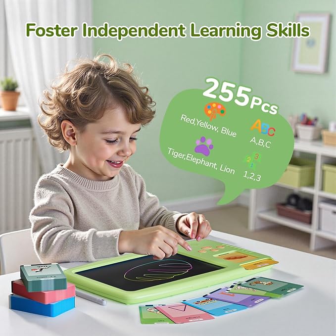 Talking Flash Cards for Toddlers - 2-in-1 LCD Writing Tablet Kids - Montessori Language Learning with 510 Words - Autism & Speech Therapy Toys for Children Gifts, Green