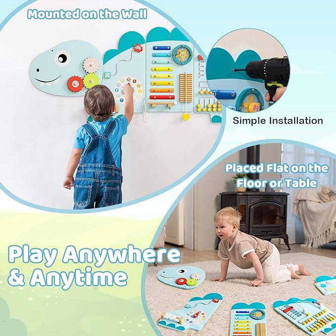 GLACER Dinosaur Wall Busy Board Panels, 11-in-1 Wooden Learning Activity Center for Early Education, Wall-Mounted Montessori Sensory Toddler Toys for Playroom, Daycare, Nursery (Blue)