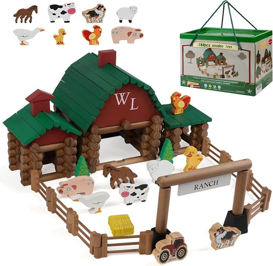 Wondertoys 164 Pcs Wooden Log Set Ranch Real Wood Logs Classic Building Log Ages 3+ Best Retro Farm Building Gift Set Creative Construction Engineering Educational Gifts