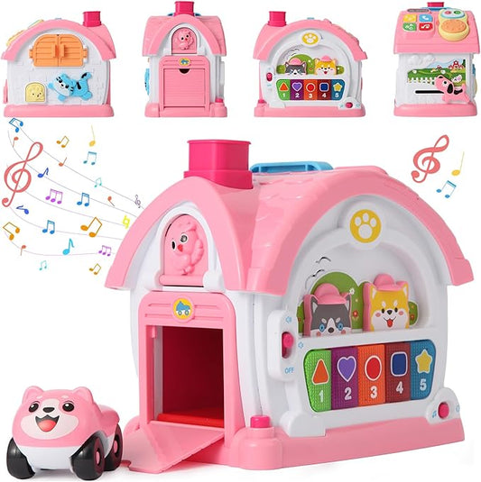1 2 Year Old Girls Montessori Musical Learning House Toys,First Birthday Gifts for Baby Girls,Pink Bilingual Educational Toy for Toddlers Age 1-3