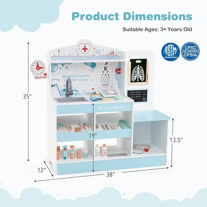 KOTEK Kids Doctor Play Set with 24 PCS Accessories, Wooden Medical Station with Eye Chart, ECG Monitor, X-Ray Film, Pretend Play Hospital Center for Toddlers, Toy Doctor Kit for Girls Boys (Blue)