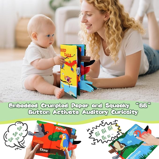 Baby Books Toys 0-12 Months with Teether,Tummy Time Crinkle Sensory Toys,High Contrast Touch & Feel Soft Book, Early Learning Infant Toys,Shower Gift for Boys Girls (Flying Animals)