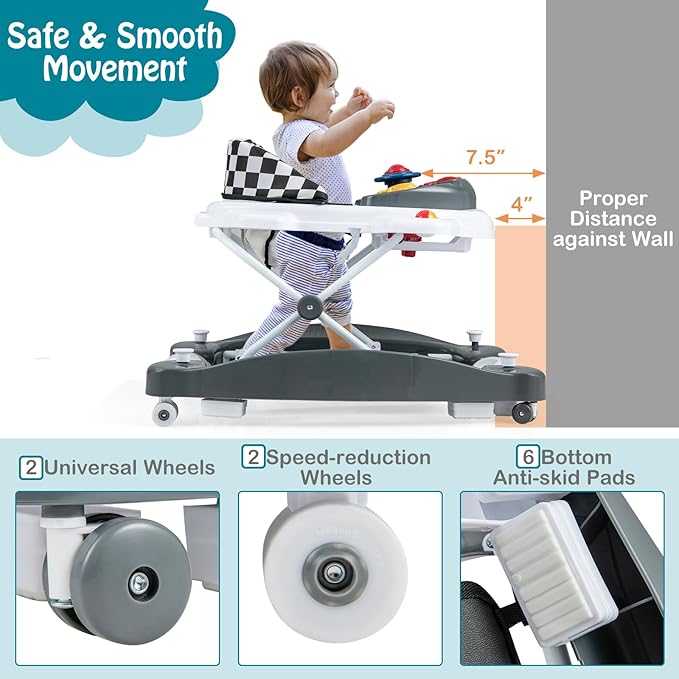 HONEY JOY Baby Walker, 6-in-1 Foldable Baby Walker and Bouncer Combo, Infant Activity Walker with Wheels, Adjustable Heights, Rocker, Music, Lights, Walker for Baby Boy Girl 7-14 Months (Gray)