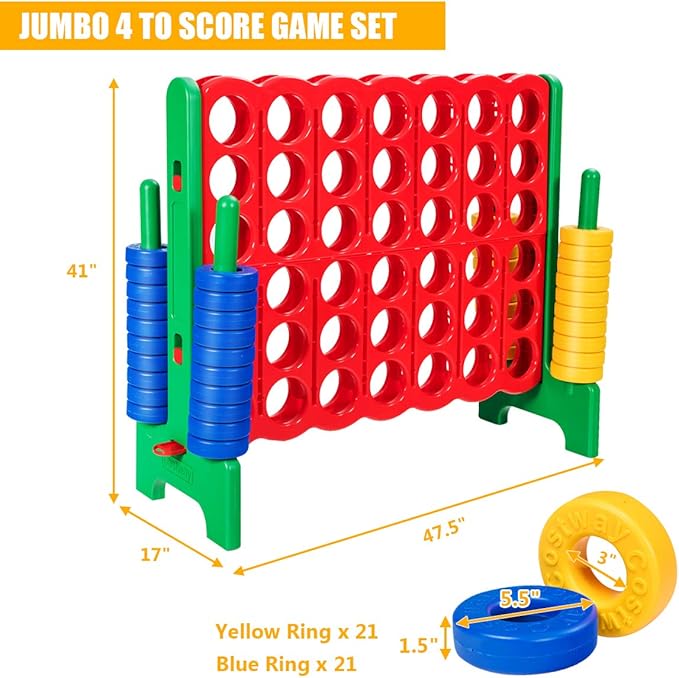 COSTWAY Jumbo 4-to-Score Giant Game Set, 4 in A Row for Kids and Adults, 3.5FT Tall Indoor & Outdoor Game Set with 42 Jumbo Rings & Quick-Release Slider, Perfect for Holiday Party & Family Game, Green