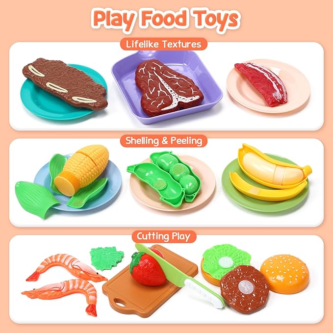 CUTE STONE Kids Play Kitchen Toy Accessories, Toddler Pretend Cooking Playset with Toys Cookware and Utensils, Toys Food for Cutting Play, Kids Cooking Set Education Learning Gift for Boys Girls