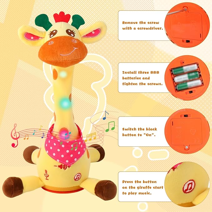 JISONCASE Christmas Talking Dancing Giraffe Baby Toy, Adjustable Volume Tummy Time Toy Repeating What You Say, Singing Mimicking Recording Sensory Education Gifts for Toddlers Boy Girls