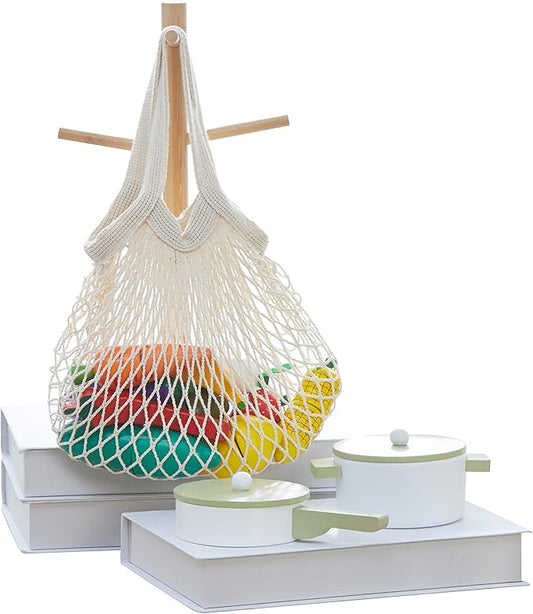 Teamson Kids Little Chef Frankfurt 21 Piece Wooden Pull-Apart Produce Food Set with Fruits and Vegetables Plus Mesh Grocery Shopping Bag, Multicolor , Green