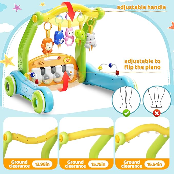Baby Gym Play Mat with Walker, 2 IN 1 Kick and Play Piano Activity Center with Light & Music, Tummy Time Mat & Baby Push Toys for 0-6 12-18 Months, Sit-to-Stand Learning Walker for Infant Toddler Gift
