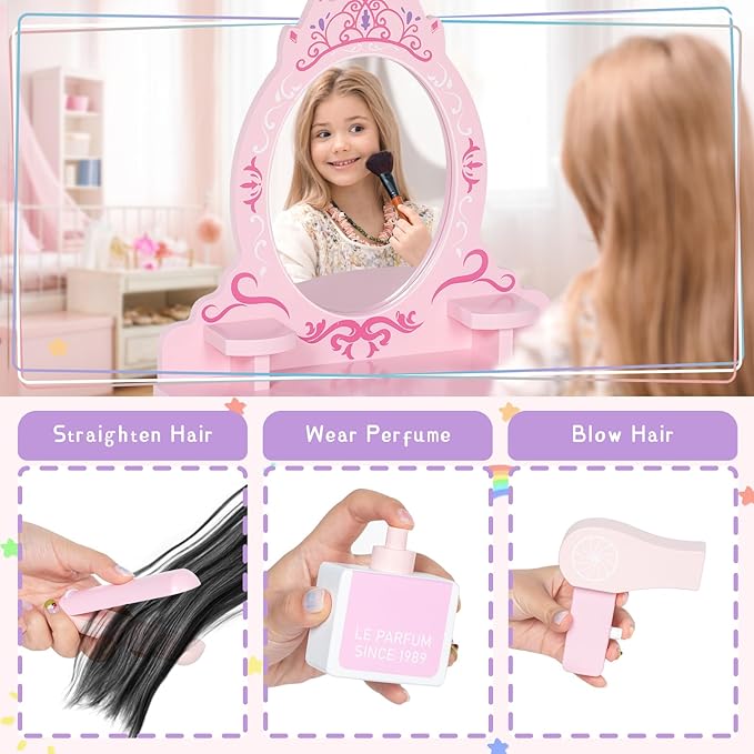 Wooden Vanity Set for Kids, Toddler Tabletop Beauty Salon Play Set w/Accessories & Drawer, Princess Makeup Pretend Play Vanity Table Toy with Crown Shaped Mirror for Little Girls Age 3-8