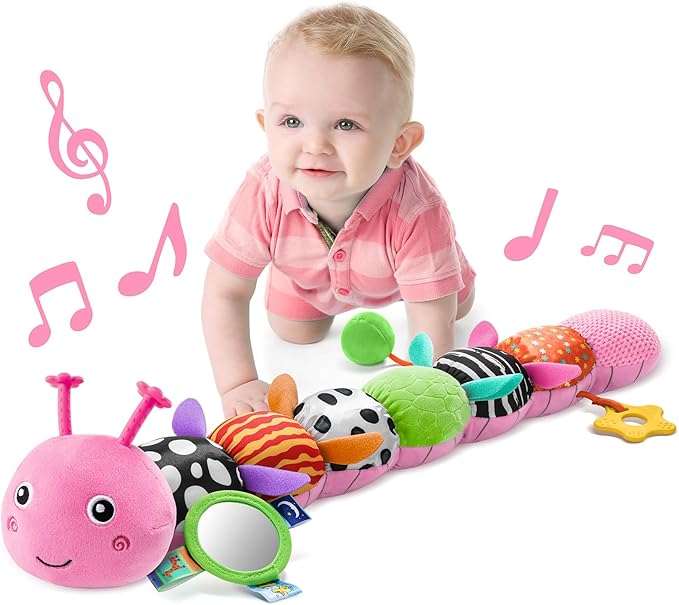 LIGHTDESIRE Baby Toys Musical Caterpillar,Infant Toys Stuffed Animals with Ruler Design,Mirror,Pull String&Ring Bell,Baby Teething Toys for Tummy Time Toy Newborn Gifts 3 6 12 Months(Pink,Leafy Limb)