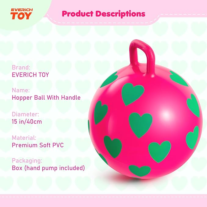 EVERICH TOY Hopper Ball for Kids 3-6, 15In Hippity Hop Ball Toy, Sit On Bouncy Balls with Handle, Indoor Outdoor Inflatable Christmas Hopping Toy for Girls Boys Gifts with Pump