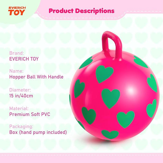 EVERICH TOY Hopper Ball for Kids 3-6, 15In Hippity Hop Ball Toy, Sit On Bouncy Balls with Handle, Indoor Outdoor Inflatable Christmas Hopping Toy for Girls Boys Gifts with Pump