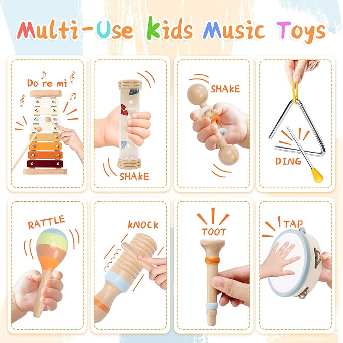 Toddler Musical Instruments Sets, Montessori Wooden Percussion Educational Baby Musical Toys Xylophone Maracas Tambourine for 2 3 4 Year Old Girls Boys Christmas Stocking Suffers Gifts for Kids