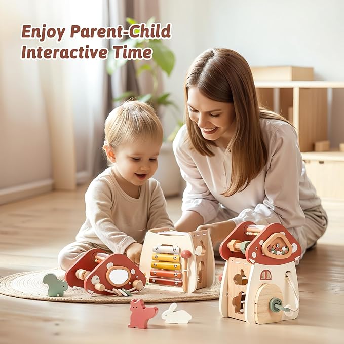 Youuys Wooden Activity Cube - 11-in-1 Montessori Toys for 1+ Year Old Boys & Girls, Multipurpose Educational Sensory Toys for Toddler, First Birthday Gift, Busy Board Toys for 18 Months (Mushroom)