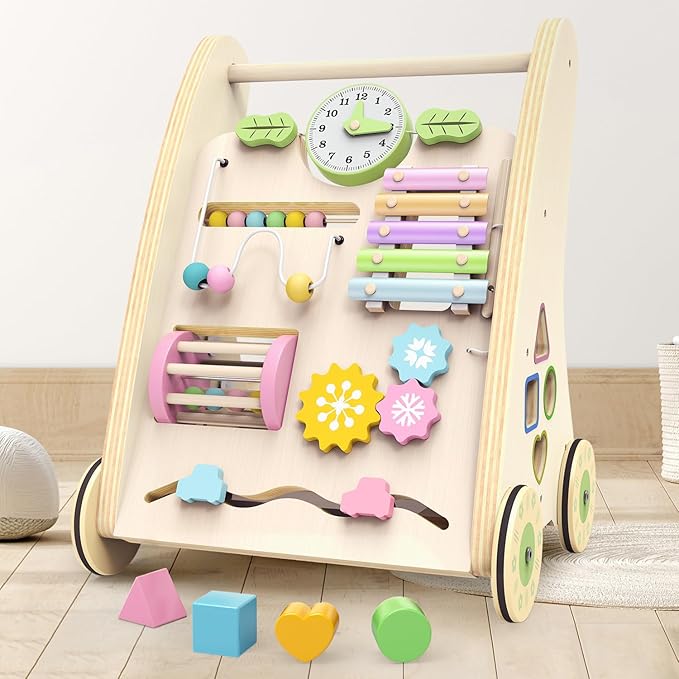 Wooden Baby Walker,Adjustable Speed Push Walker with Wheels and Learning Activity Center,Montessori Walker for Babies 12 Months,Baby Walker Push Toys for Baby Boys and Girls Gifts (Natural)