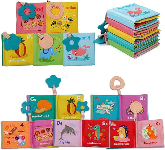 5-Pack Soft Cloth Crinkle Books for Babies 0-3, Washable Non-Toxic Sensory Early Educational Toys, Bath & Learning Cloth Books for Infants, Giftable Preschool Learning Gifts (Five Themes)