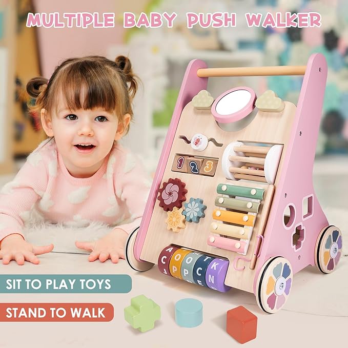 Wooden Baby Walker, Baby Push Walker, Montessori Toddler Walker Toy, Push and Pull Learning Activity Walkers, Baby Walker with Wheels for Boys&Girls 1 Year Old, Christmas Birthday Gifts for Toddler