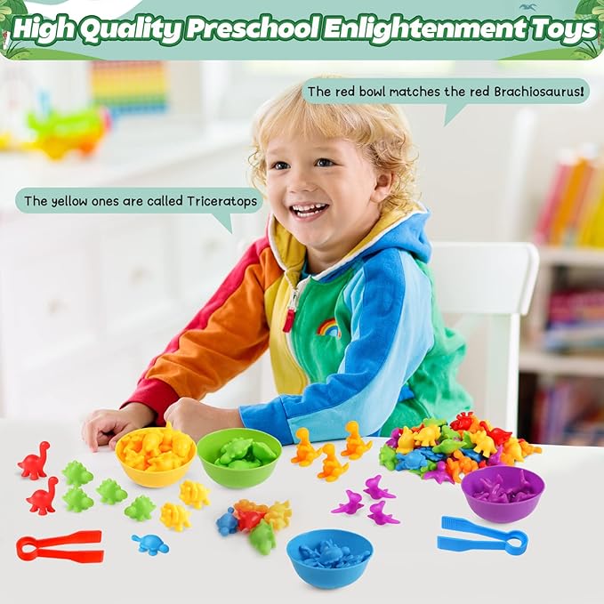 Skrtuan Counting Dinosaur Matching Toys with Sorting Bowls Montessori Preschool Educational Activities Learning Color Sorting Fine Motor Skills Sensory Toys Birthday Gift for 3 4 5 Year Old Boys Girls