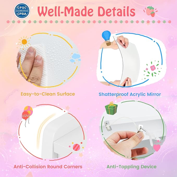 HONEY JOY Kids Vanity, Little Girls Vanity Set with Mirror and Stool and Lights, Wooden Princess Makeup Dressing Table, Storage Box & Shelf, Pretend Play Kids Vanity Table and Chair Set(White)