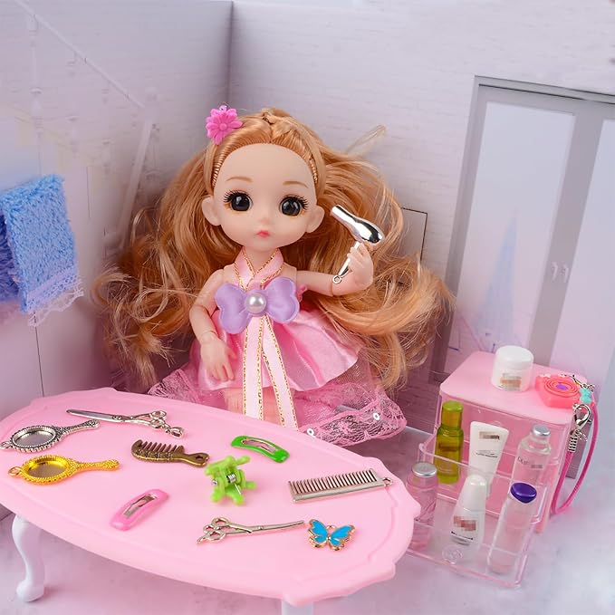 100 Pcs Dollhouse Mini Cosmetic Set，Miniature Bathroom Accessories，Mini Makeup Pretend Play Gifts for Girls，Jewelry Storage Case Shelf Handbag Camera Toiletries Dollhouse DIY Micro Scene